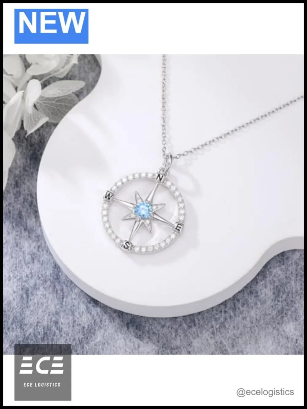Moissanite Compass Pendant Necklace Sterling Silver White Gold Plated
